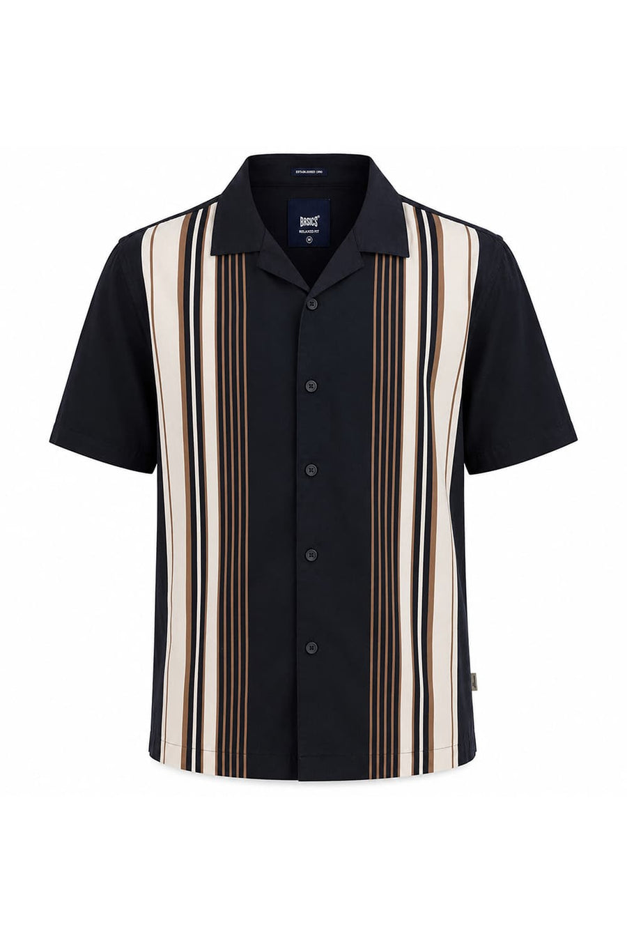 BASICS RELAXED FIT PIT BLACK COTTON VISCOSE DIGITAL PRINTED HALFSLEEVES SHIRT
