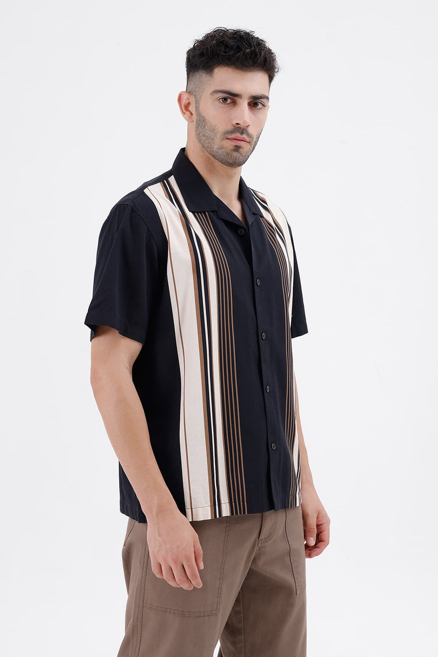 BASICS RELAXED FIT PIT BLACK COTTON VISCOSE DIGITAL PRINTED HALFSLEEVES SHIRT