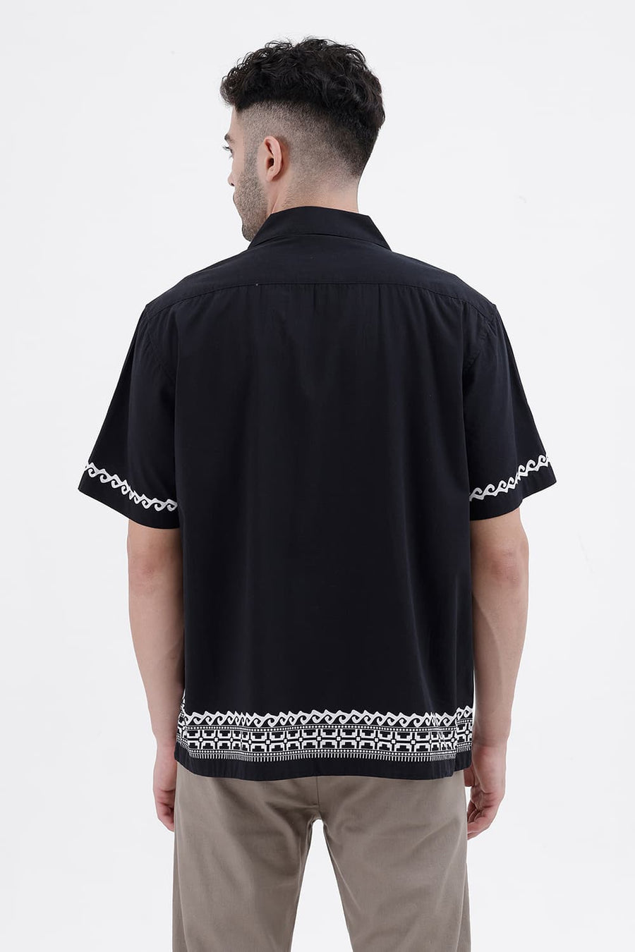 BASICS RELAXED FIT LIMO BLACK COTTON VISCOSE DIGITAL PRINTED HALFSLEEVES SHIRT