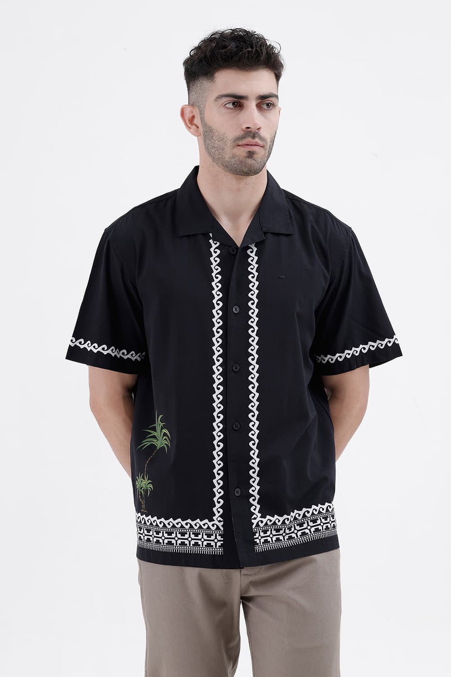 BASICS RELAXED FIT LIMO BLACK COTTON VISCOSE DIGITAL PRINTED HALFSLEEVES SHIRT