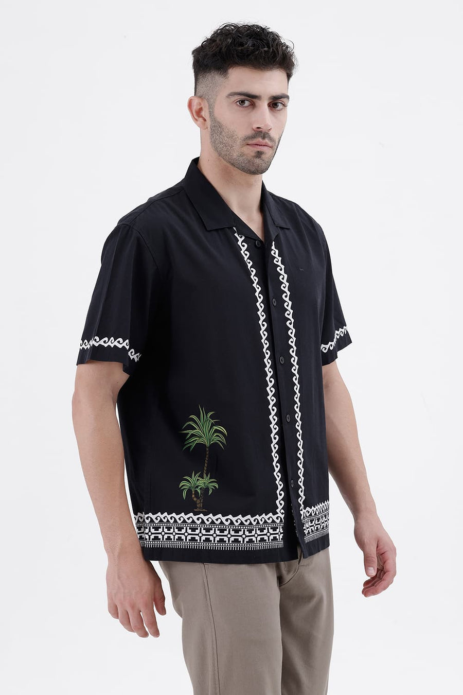 BASICS RELAXED FIT LIMO BLACK COTTON VISCOSE DIGITAL PRINTED HALFSLEEVES SHIRT