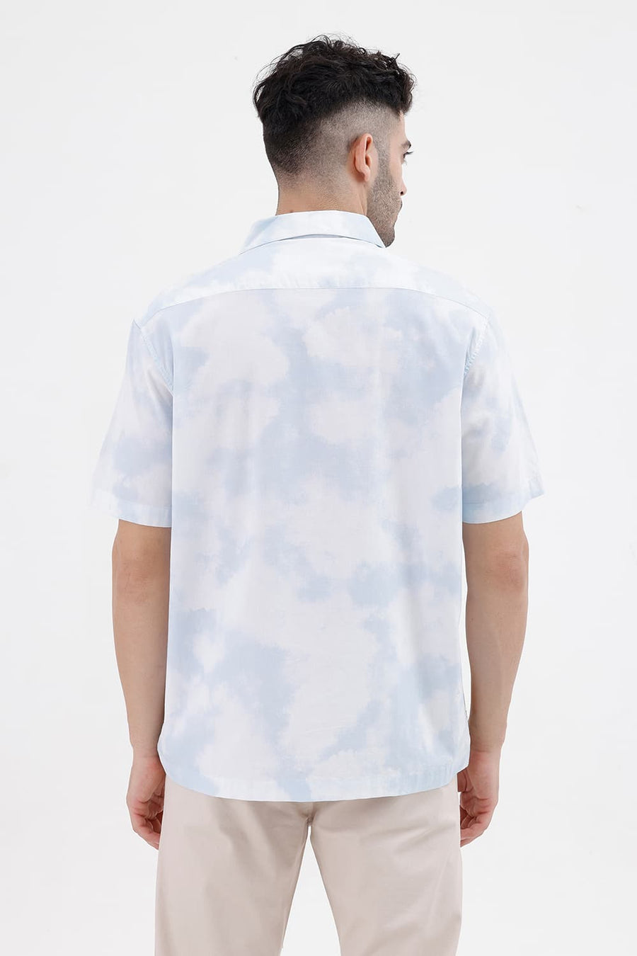 BASICS RELAXED FIT CORYDALIS BLUE COTTON VISCOSE DIGITAL PRINTED HALFSLEEVES SHIRT