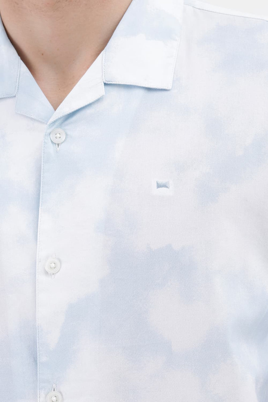 BASICS RELAXED FIT CORYDALIS BLUE COTTON VISCOSE DIGITAL PRINTED HALFSLEEVES SHIRT