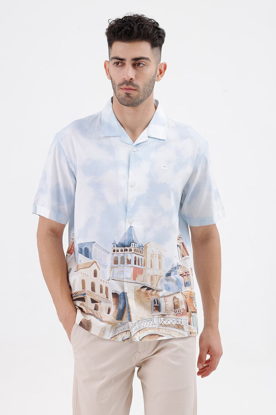 BASICS RELAXED FIT CORYDALIS BLUE COTTON VISCOSE DIGITAL PRINTED HALFSLEEVES SHIRT