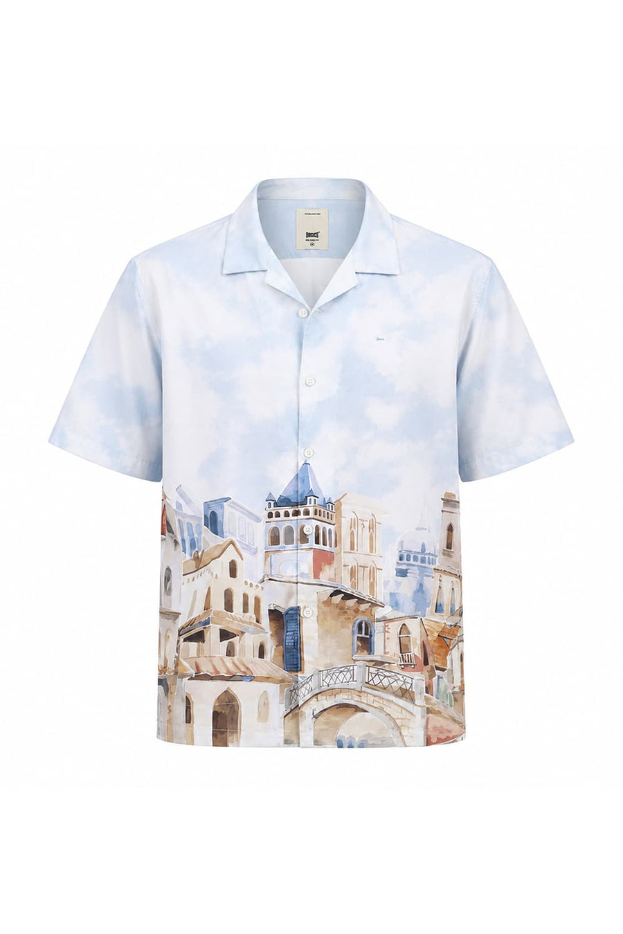BASICS RELAXED FIT CORYDALIS BLUE COTTON VISCOSE DIGITAL PRINTED HALFSLEEVES SHIRT