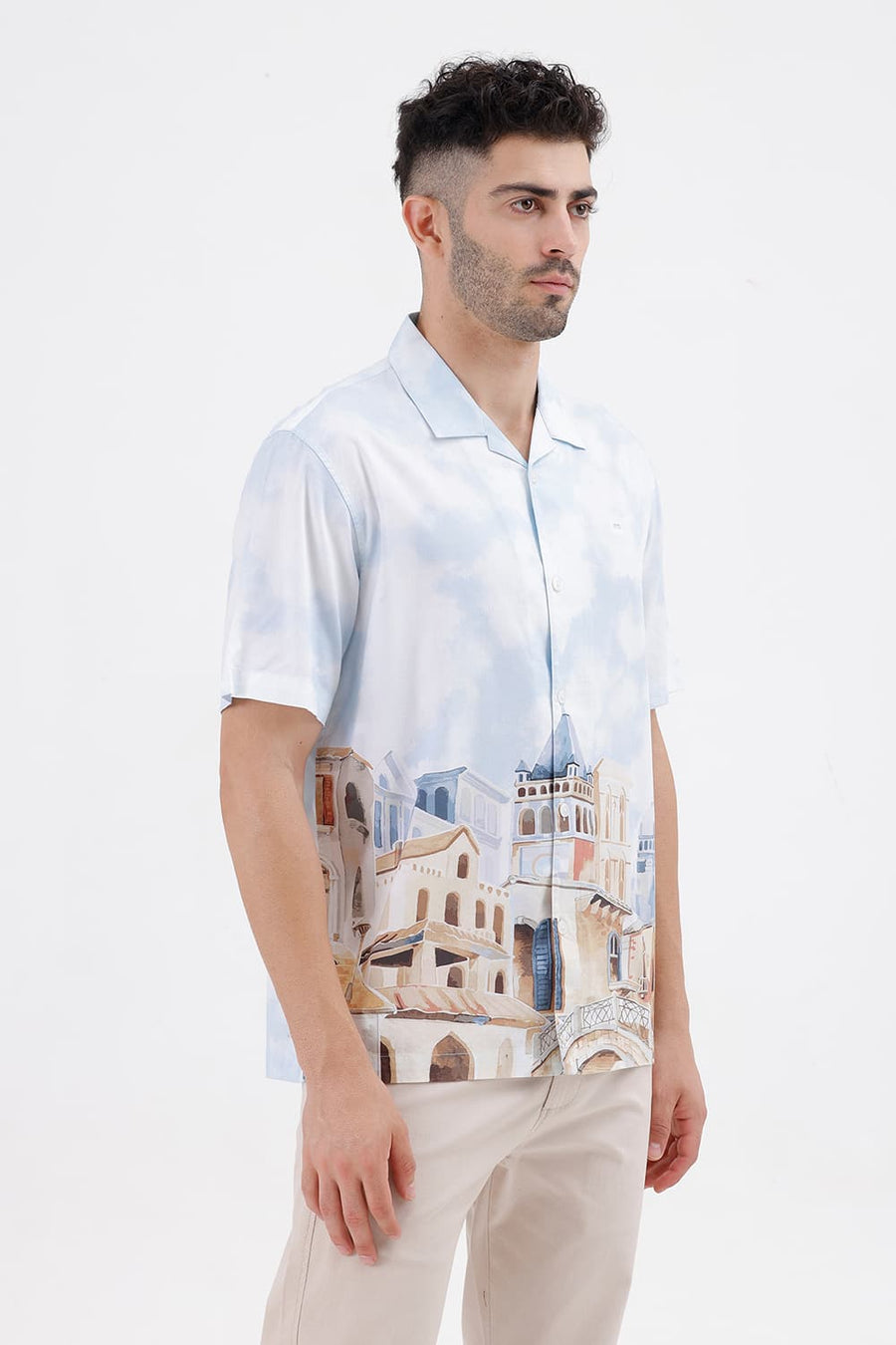 BASICS RELAXED FIT CORYDALIS BLUE COTTON VISCOSE DIGITAL PRINTED HALFSLEEVES SHIRT