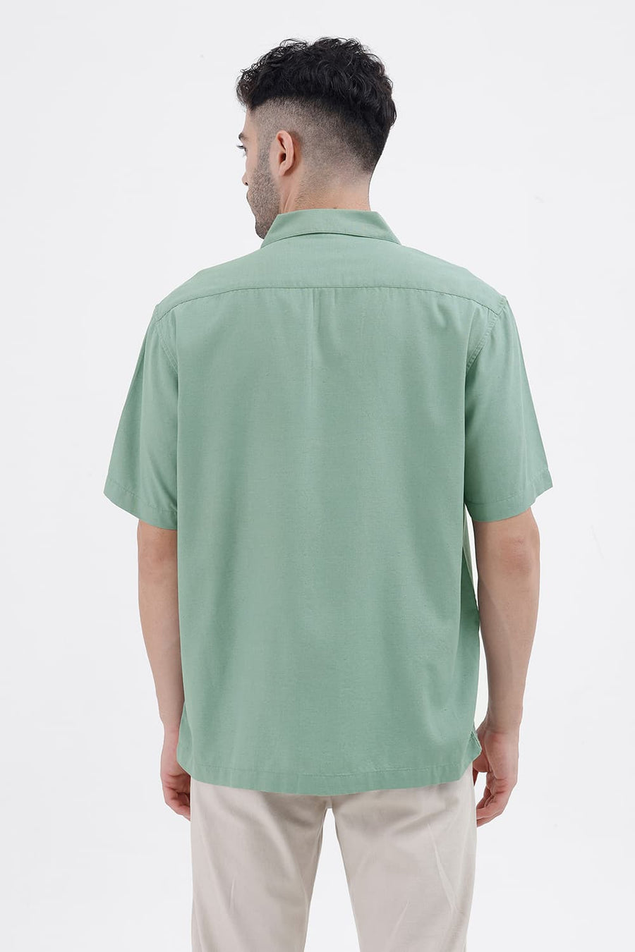 BASICS RELAXED FIT BERYL GREEN LYOCELL LINEN HALFSLEEVES SHIRT