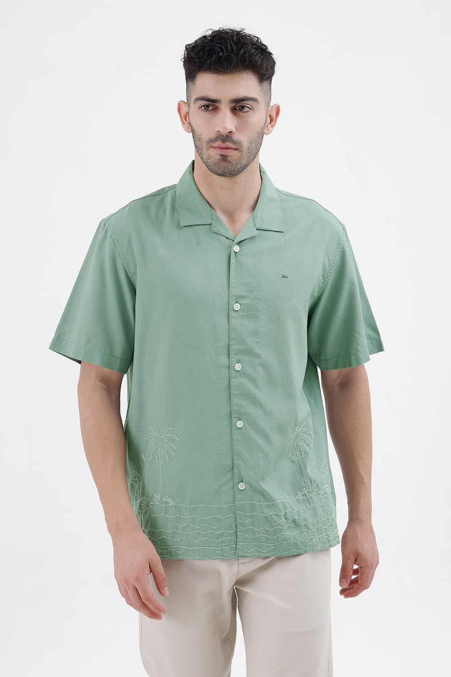 BASICS RELAXED FIT BERYL GREEN LYOCELL LINEN HALFSLEEVES SHIRT