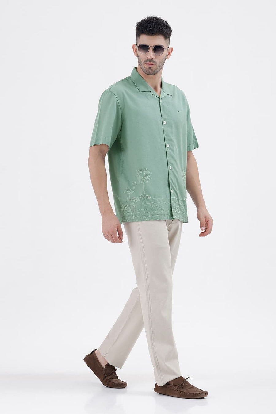 BASICS RELAXED FIT BERYL GREEN LYOCELL LINEN HALFSLEEVES SHIRT