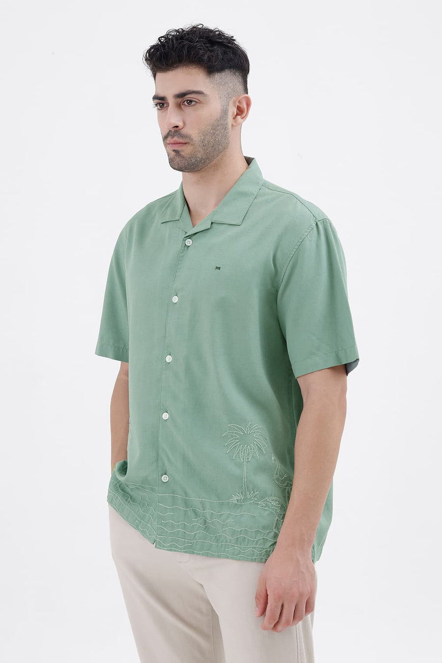 BASICS RELAXED FIT BERYL GREEN LYOCELL LINEN HALFSLEEVES SHIRT
