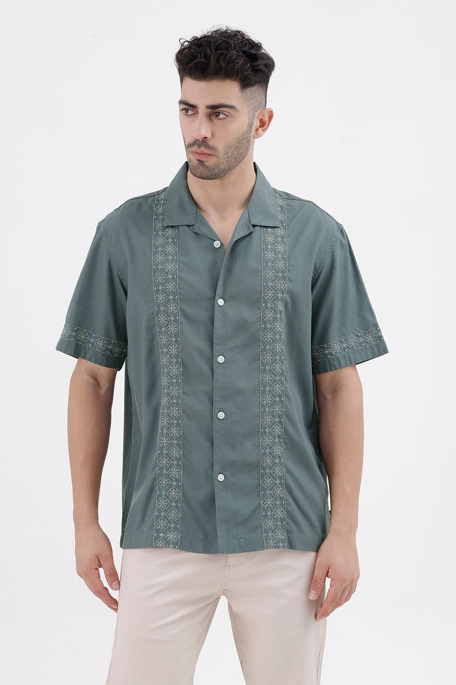 BASICS RELAXED FIT BALSAM GREY LYOCELL LINEN HALFSLEEVES SHIRT