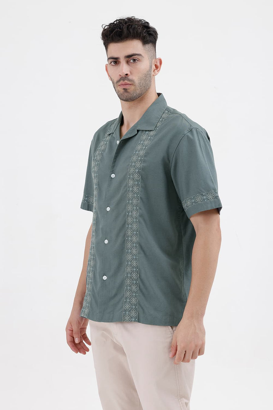 BASICS RELAXED FIT BALSAM GREY LYOCELL LINEN HALFSLEEVES SHIRT