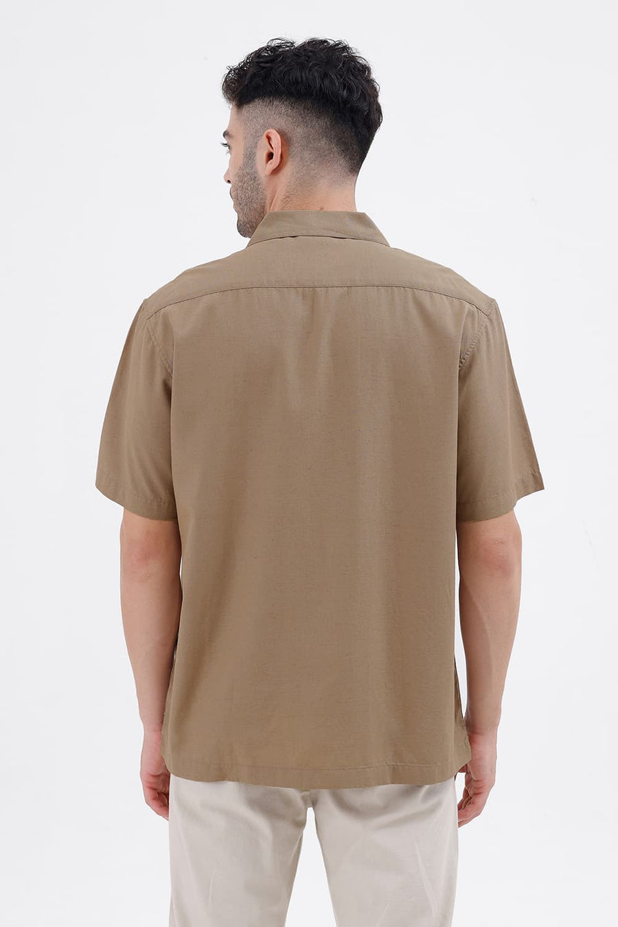BASICS RELAXED FIT FOSSIL KHAKI LYOCELL LINEN HALFSLEEVES SHIRT
