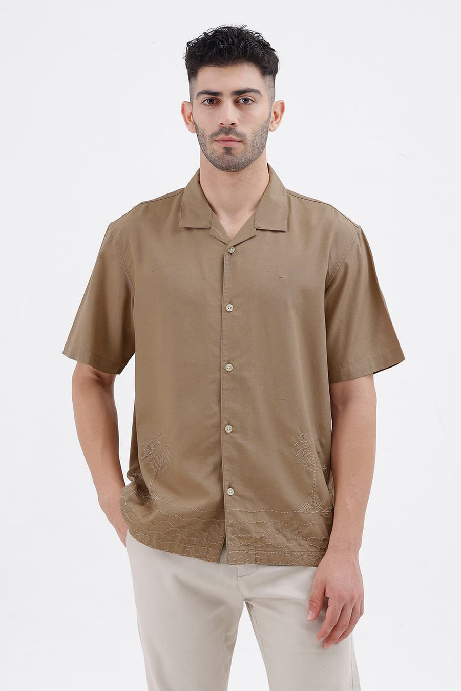 BASICS RELAXED FIT FOSSIL KHAKI LYOCELL LINEN HALFSLEEVES SHIRT