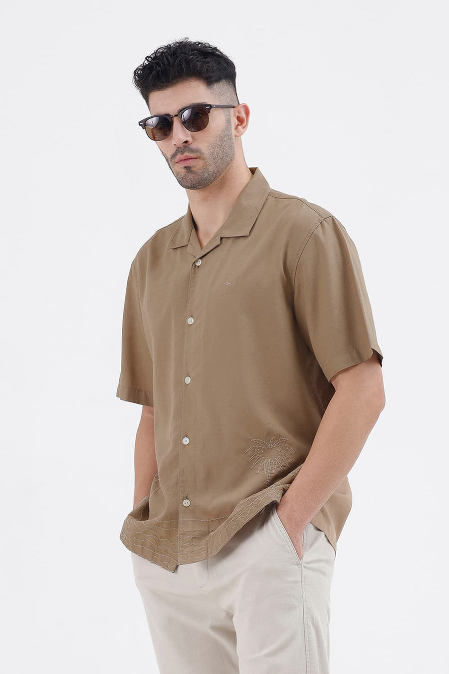 BASICS RELAXED FIT FOSSIL KHAKI LYOCELL LINEN HALFSLEEVES SHIRT