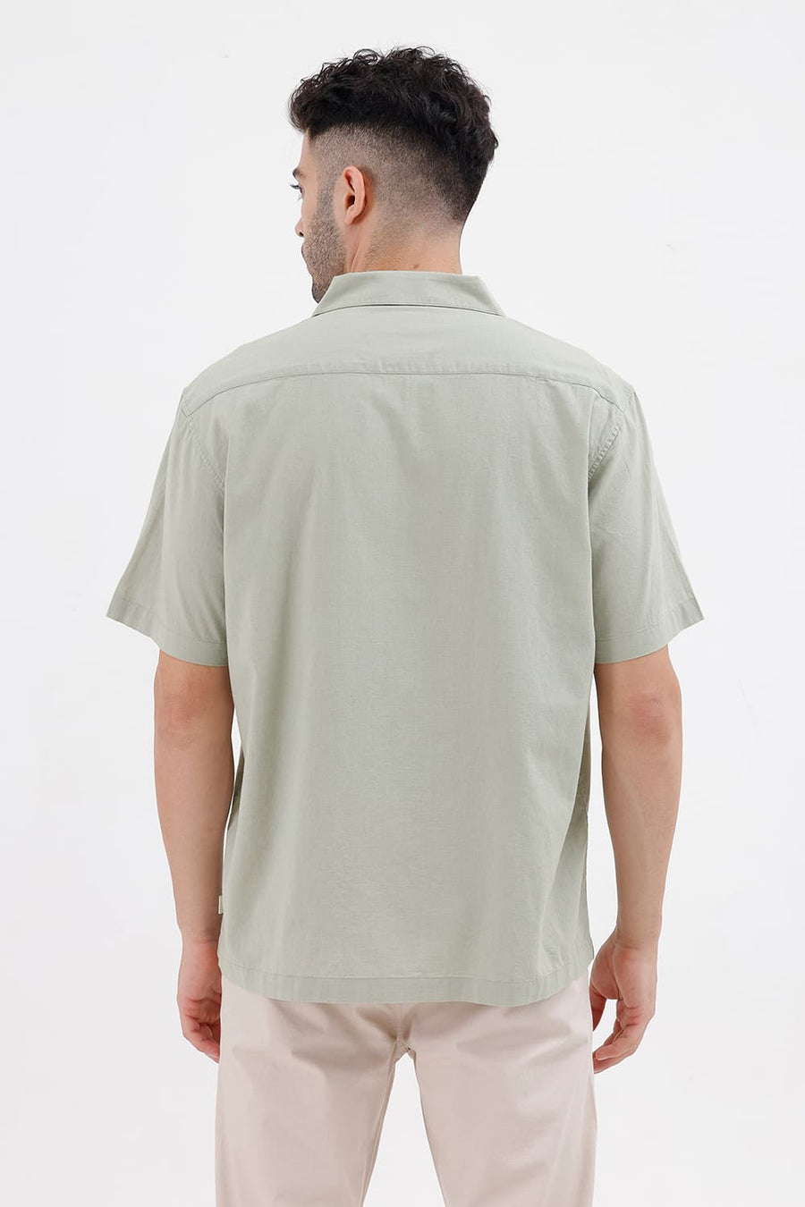 BASICS RELAXED FIT STONE GREEN COTTON LINEN HALFSLEEVES SHIRT