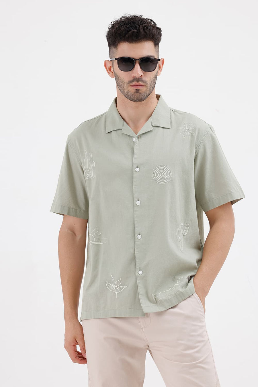BASICS RELAXED FIT STONE GREEN COTTON LINEN HALFSLEEVES SHIRT