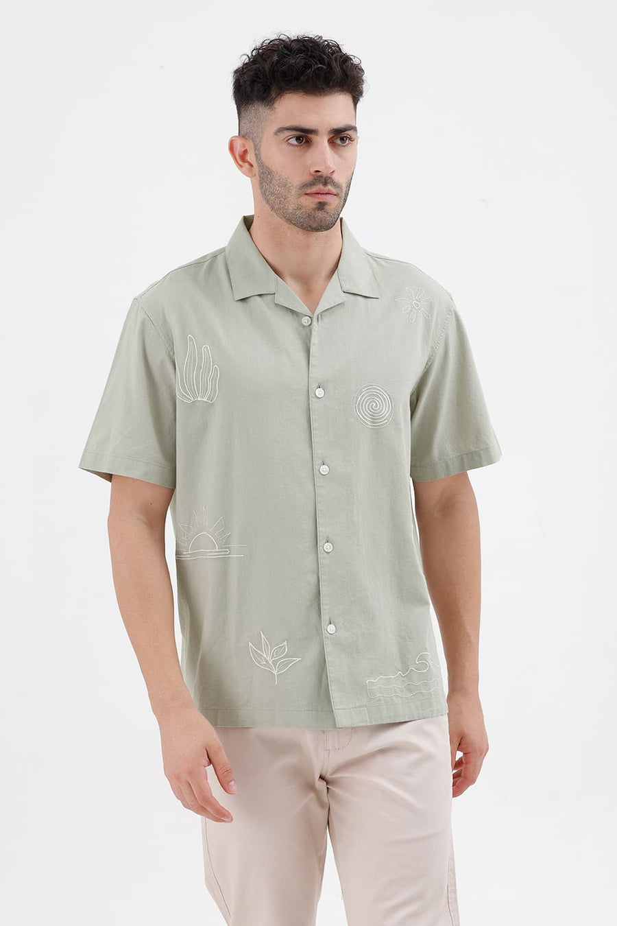 BASICS RELAXED FIT STONE GREEN COTTON LINEN HALFSLEEVES SHIRT