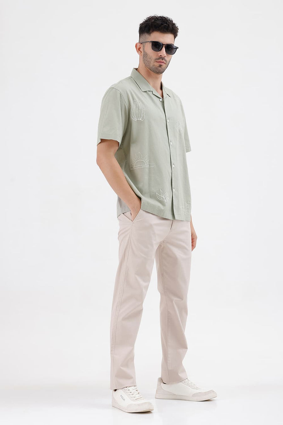 BASICS RELAXED FIT STONE GREEN COTTON LINEN HALFSLEEVES SHIRT