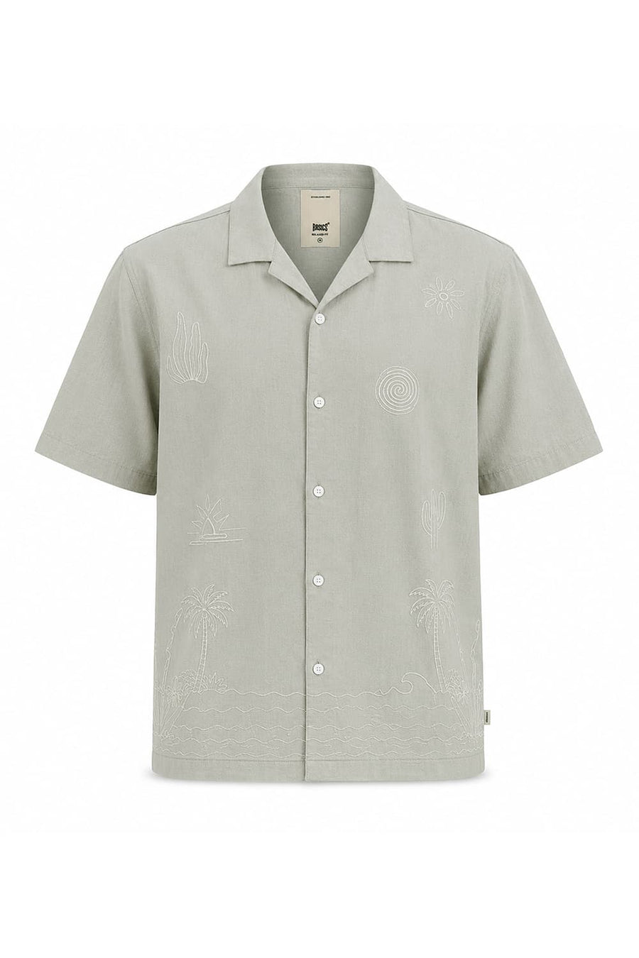 BASICS RELAXED FIT STONE GREEN COTTON LINEN HALFSLEEVES SHIRT