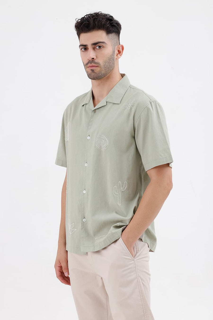 BASICS RELAXED FIT STONE GREEN COTTON LINEN HALFSLEEVES SHIRT