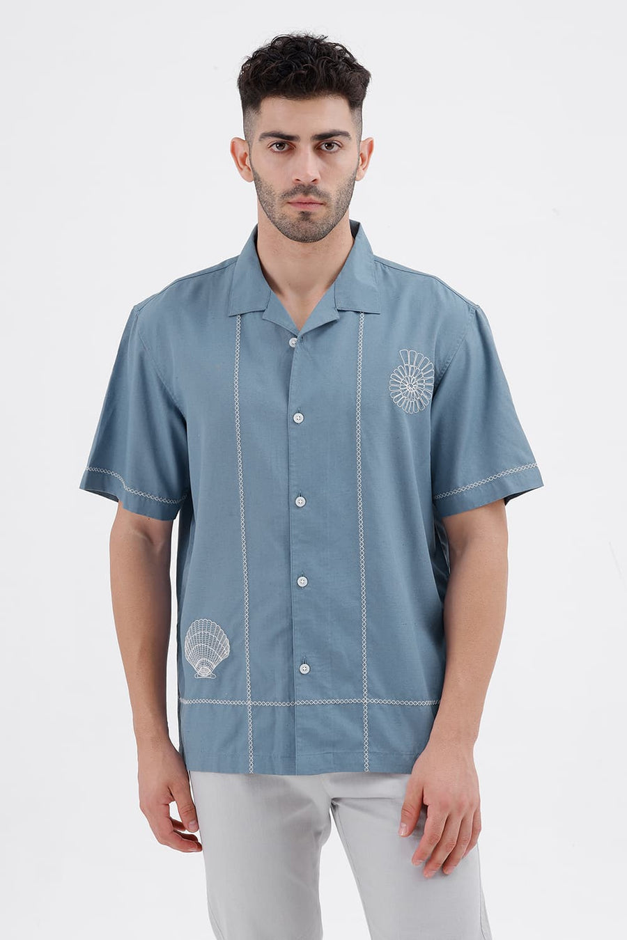 BASICS RELAXED FIT PROVINCIAL BLUE LYOCELL LINEN HALFSLEEVES SHIRT