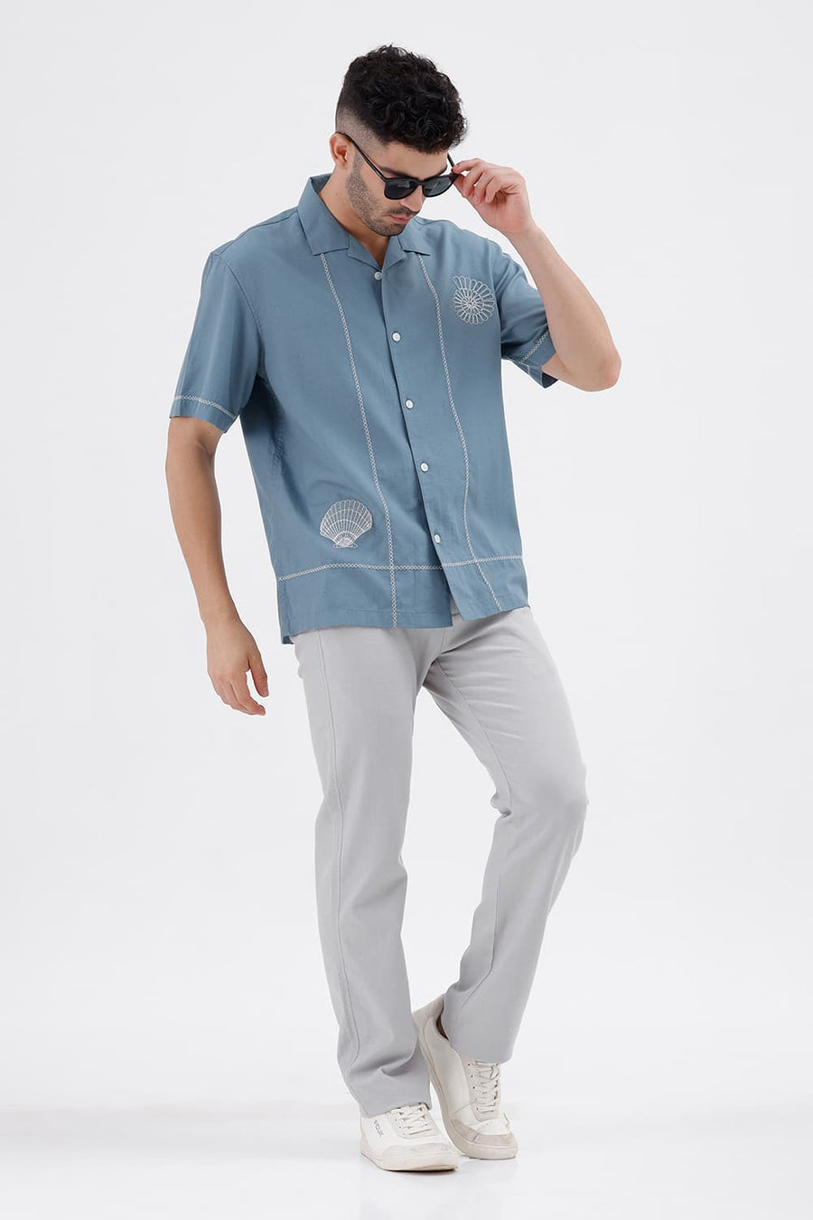 BASICS RELAXED FIT PROVINCIAL BLUE LYOCELL LINEN HALFSLEEVES SHIRT