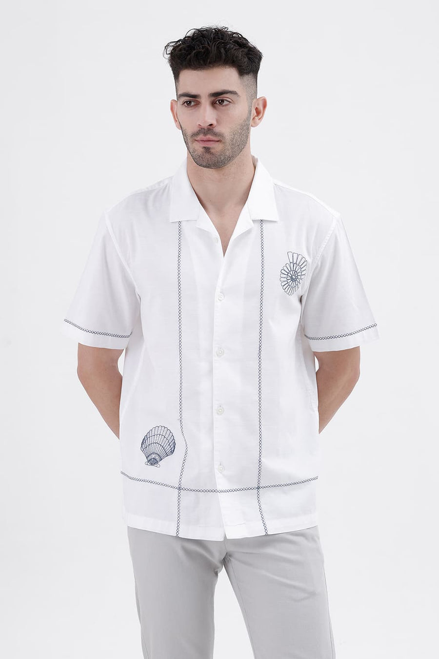 BASICS RELAXED FIT WHITE CLOUDS COTTON SLUB DOBBY HALFSLEEVES SHIRT