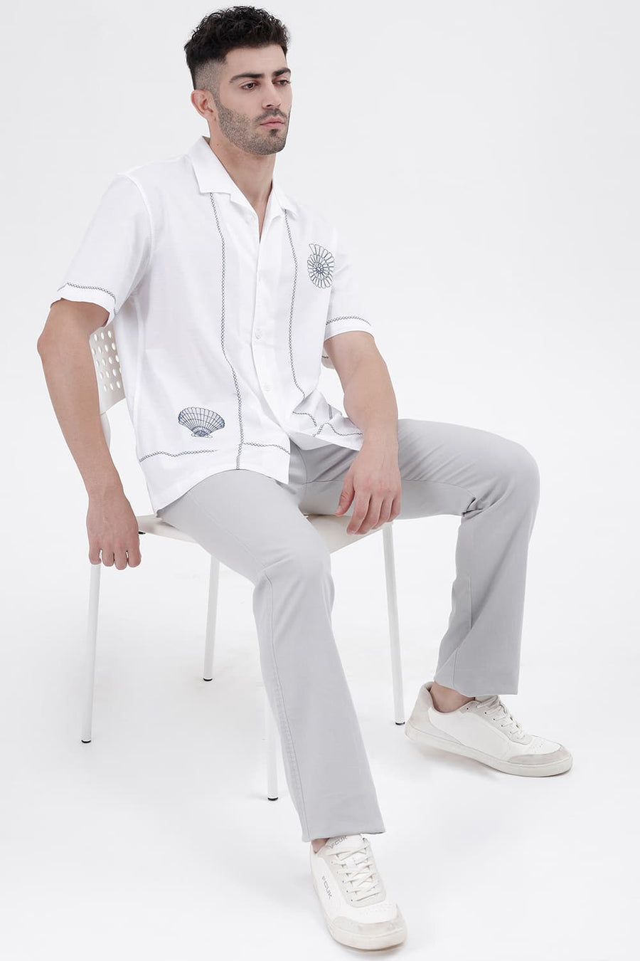 BASICS RELAXED FIT WHITE CLOUDS COTTON SLUB DOBBY HALFSLEEVES SHIRT