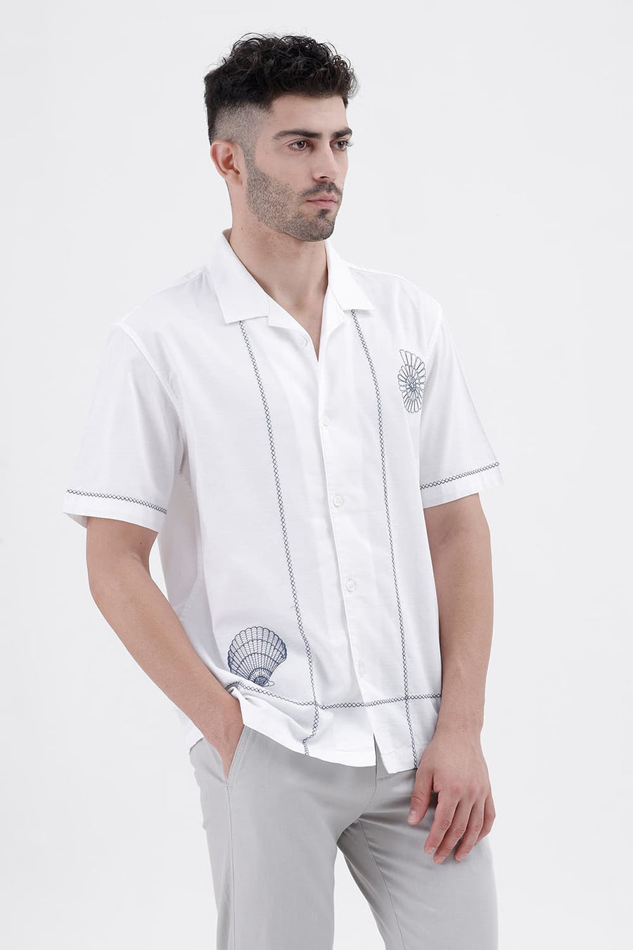 BASICS RELAXED FIT WHITE CLOUDS COTTON SLUB DOBBY HALFSLEEVES SHIRT