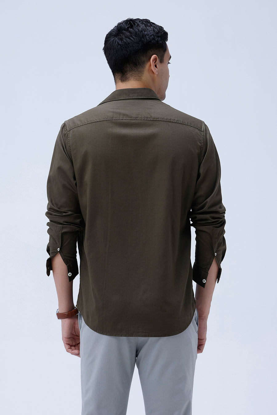 BASICS SLIM FIT LICHEN OLIVE COTTON SLUB TWILL SHIRT