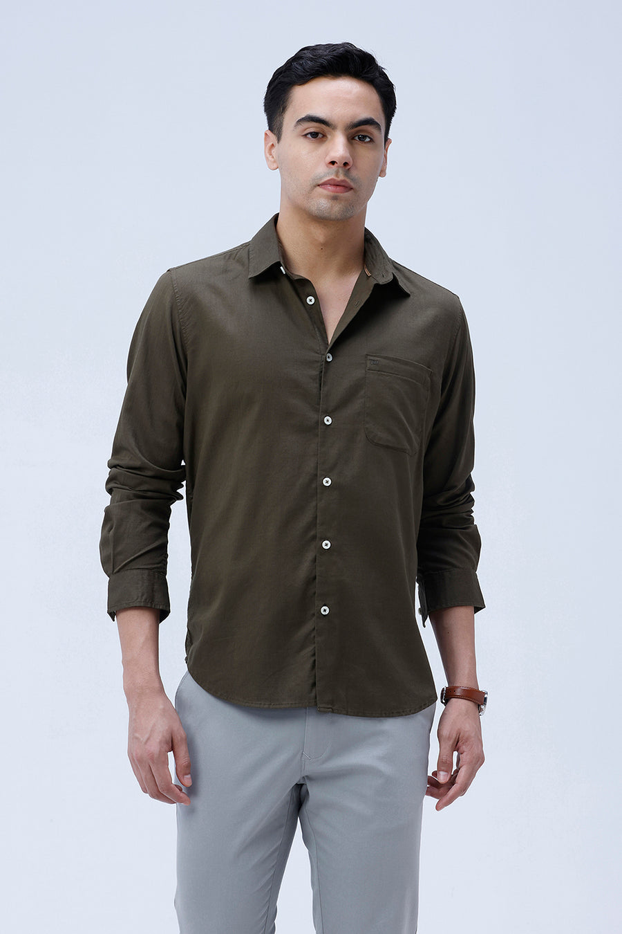 BASICS SLIM FIT LICHEN OLIVE COTTON SLUB TWILL SHIRT