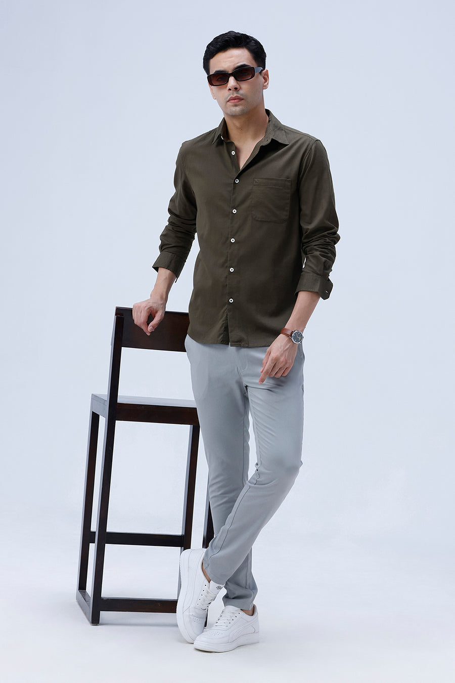 BASICS SLIM FIT LICHEN OLIVE COTTON SLUB TWILL SHIRT