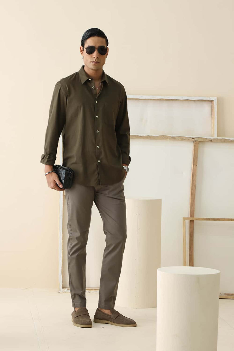 BASICS SLIM FIT LICHEN OLIVE COTTON SLUB TWILL SHIRT