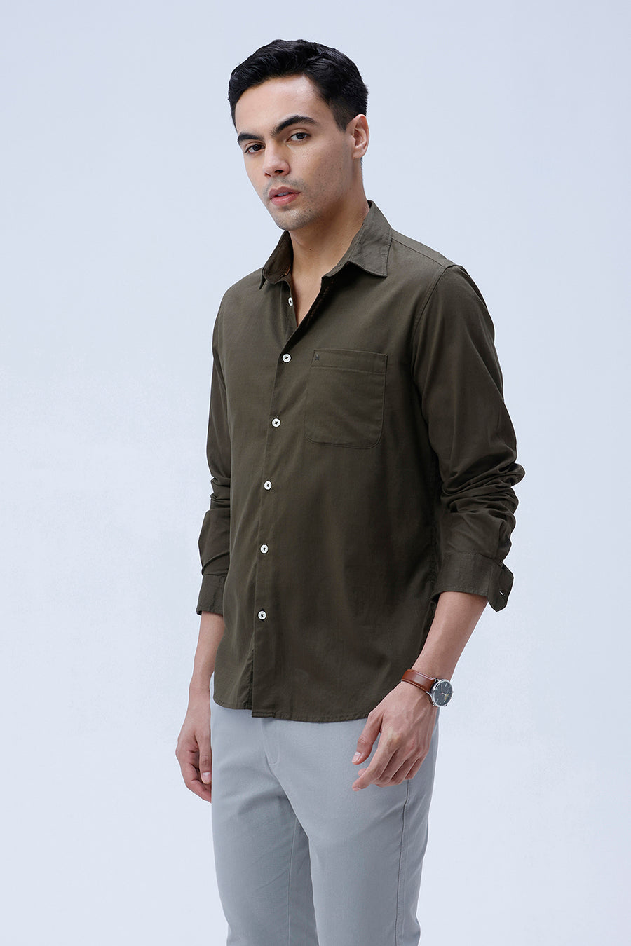 BASICS SLIM FIT LICHEN OLIVE COTTON SLUB TWILL SHIRT