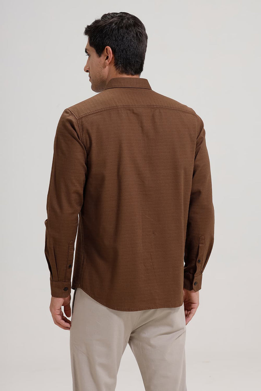 BASICS SLIM FIT BISON BROWN COTTON SLUB TWILL SHIRT