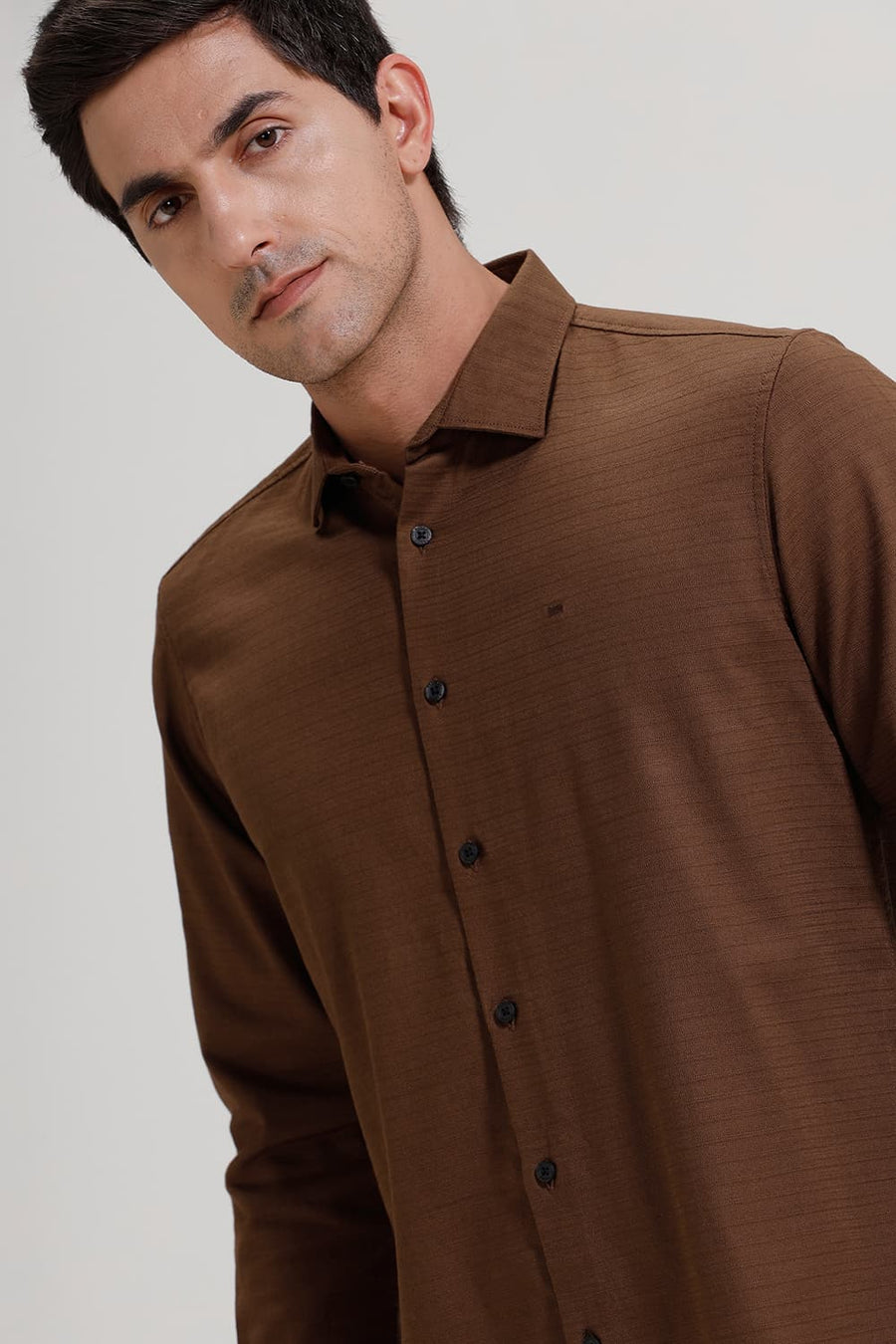 BASICS SLIM FIT BISON BROWN COTTON SLUB TWILL SHIRT