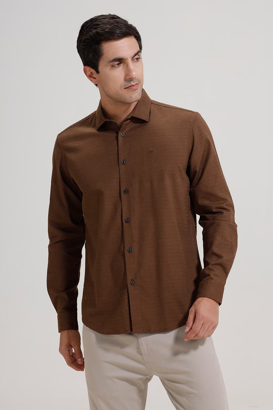 BASICS SLIM FIT BISON BROWN COTTON SLUB TWILL SHIRT