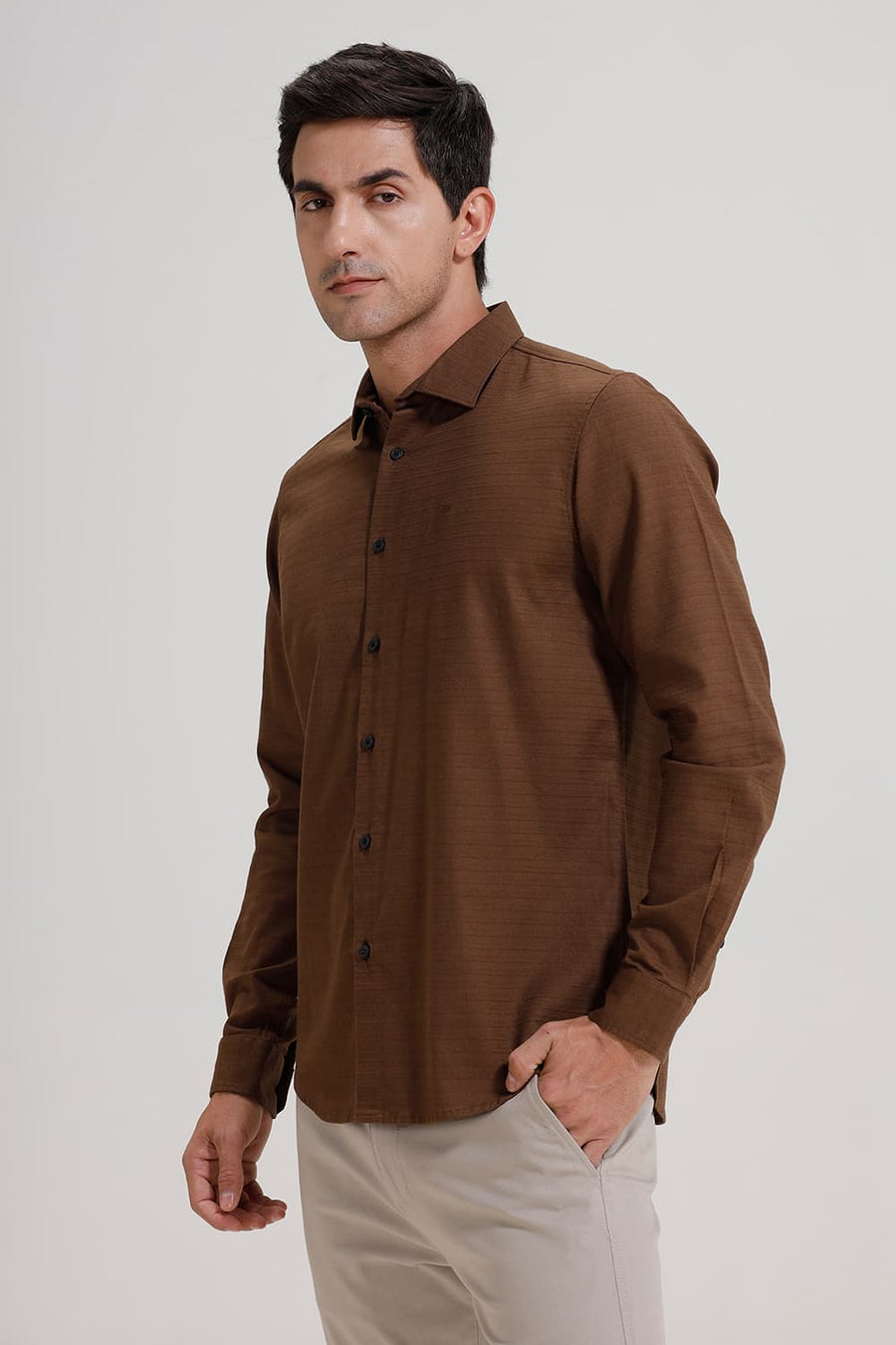 BASICS SLIM FIT BISON BROWN COTTON SLUB TWILL SHIRT
