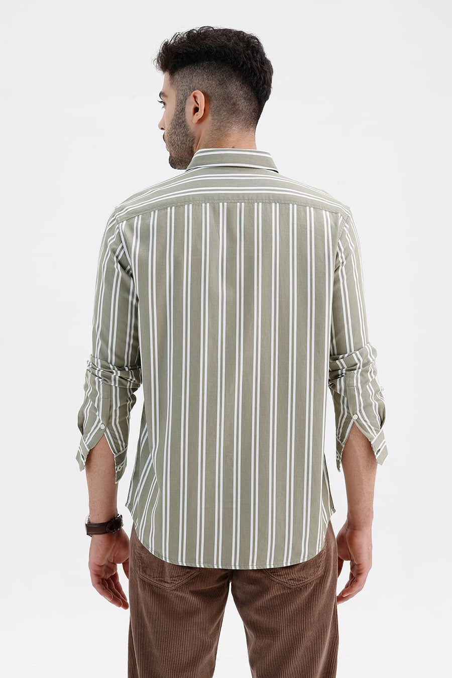 BASICS SLIM FIT OLIVE MERMAID COTTON TWILL STRIPE SHIRT