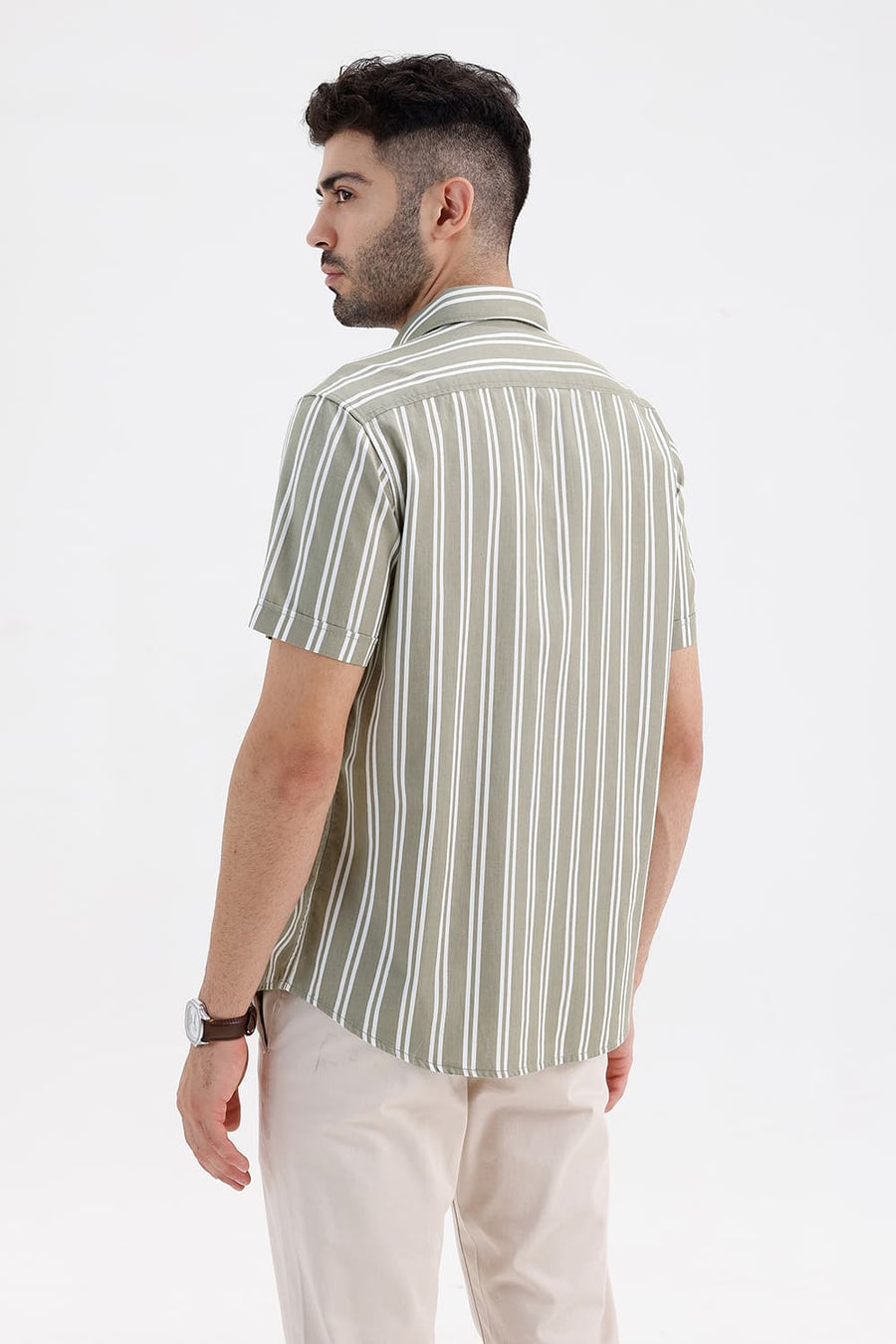 BASICS SLIM FIT OLIVE MERMAID COTTON TWILL STRIPE HALFSLEEVES SHIRT