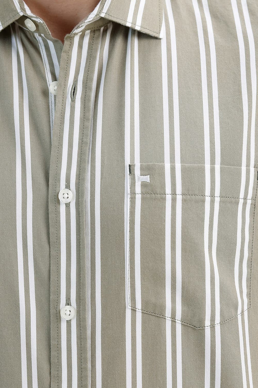BASICS SLIM FIT OLIVE MERMAID COTTON TWILL STRIPE HALFSLEEVES SHIRT