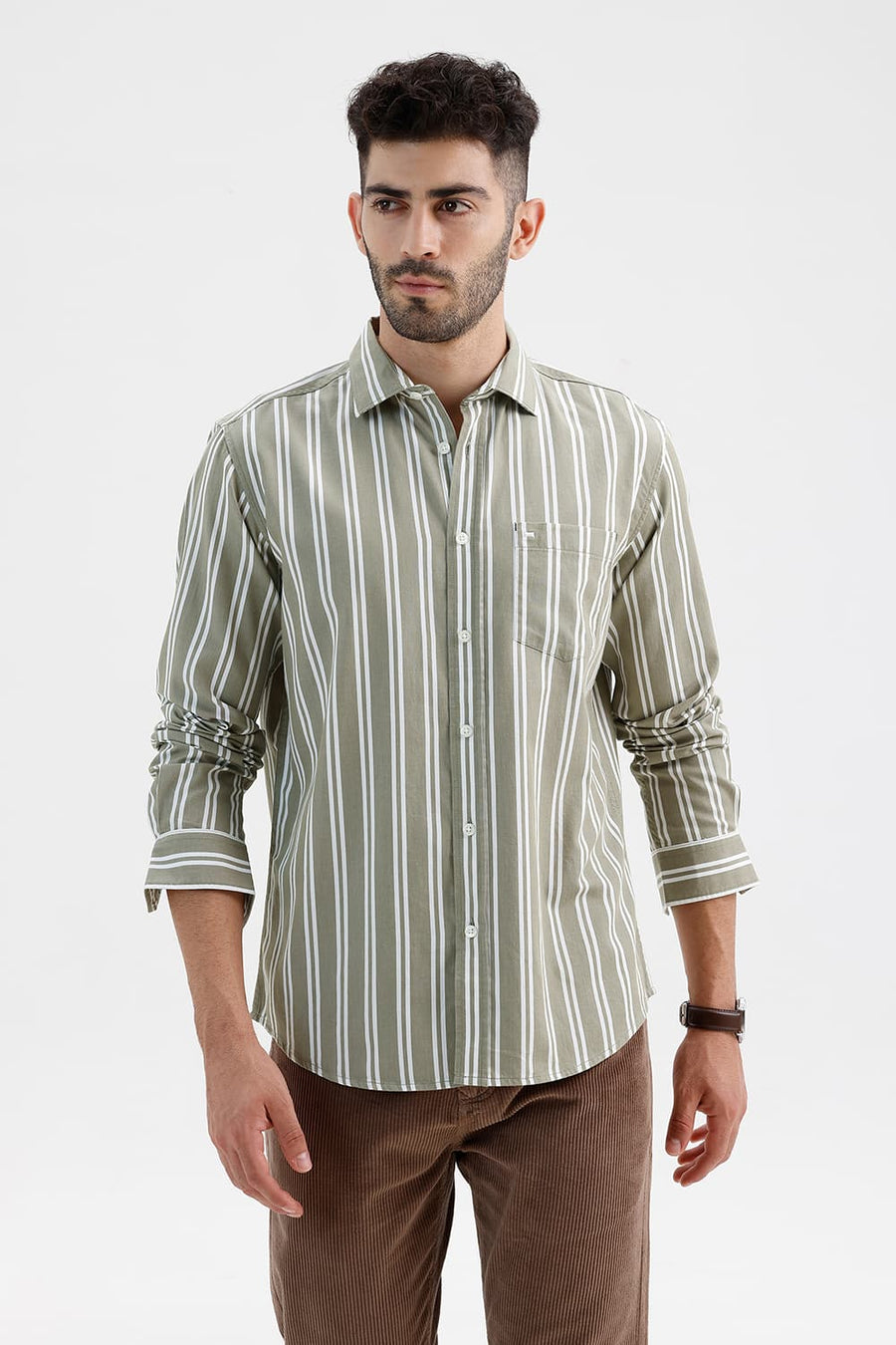 BASICS SLIM FIT OLIVE MERMAID COTTON TWILL STRIPE SHIRT