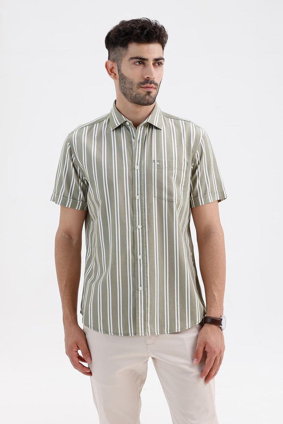 BASICS SLIM FIT OLIVE MERMAID COTTON TWILL STRIPE HALFSLEEVES SHIRT