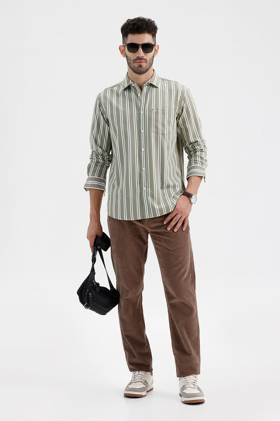 BASICS SLIM FIT OLIVE MERMAID COTTON TWILL STRIPE SHIRT