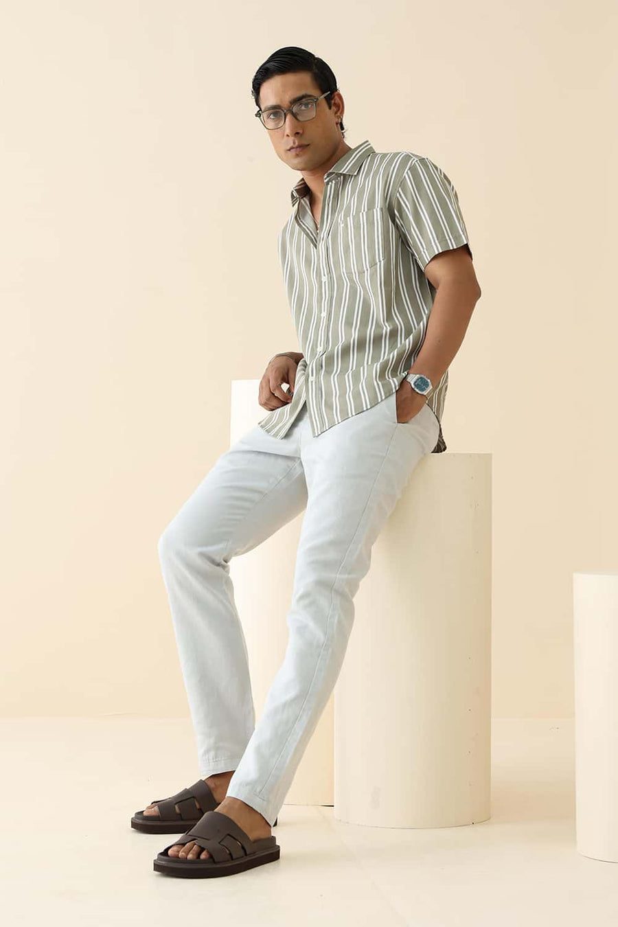Basics Slim Fit Olive Mermaid Cotton Twill Stripe Halfsleeves Shirt