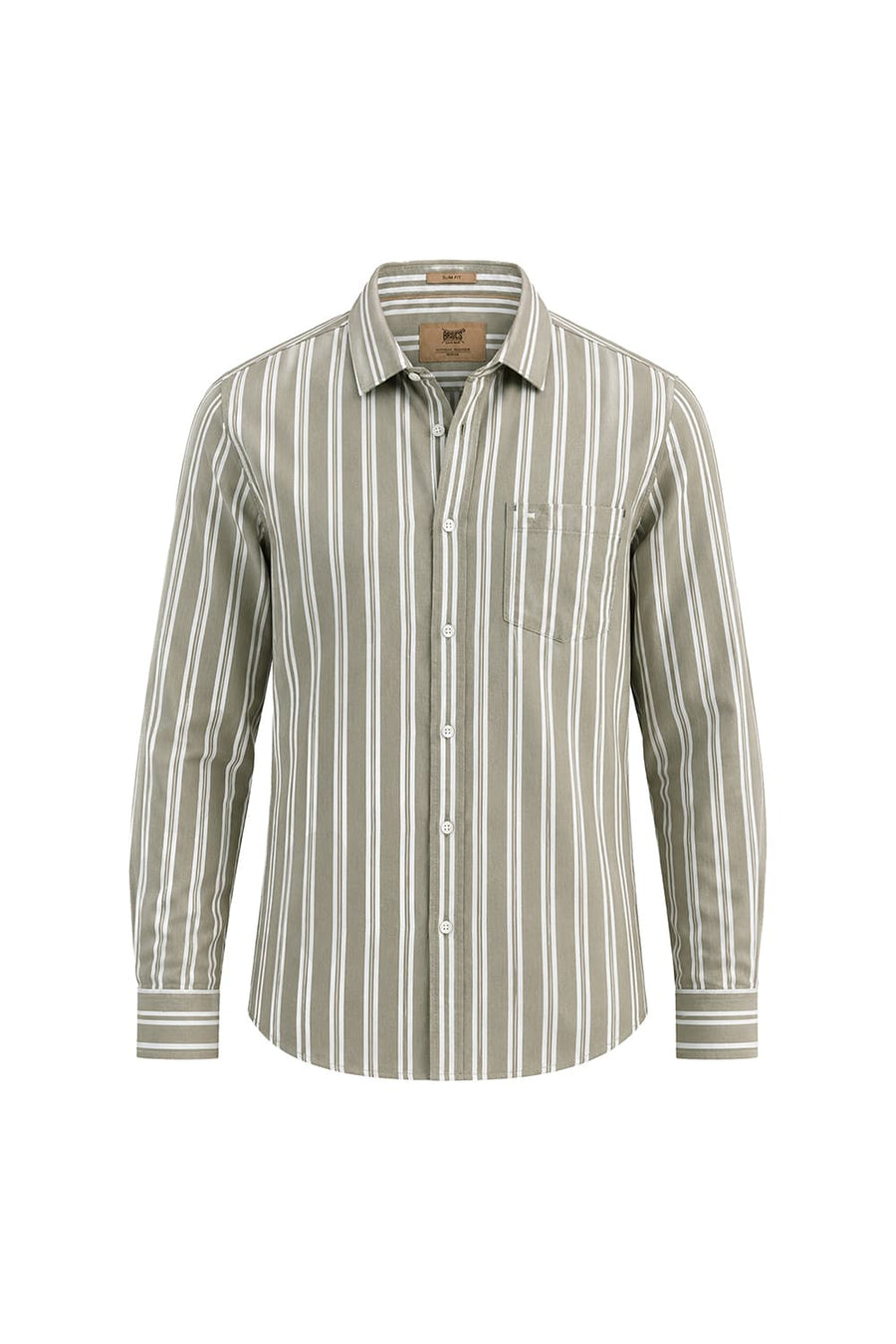 BASICS SLIM FIT OLIVE MERMAID COTTON TWILL STRIPE SHIRT