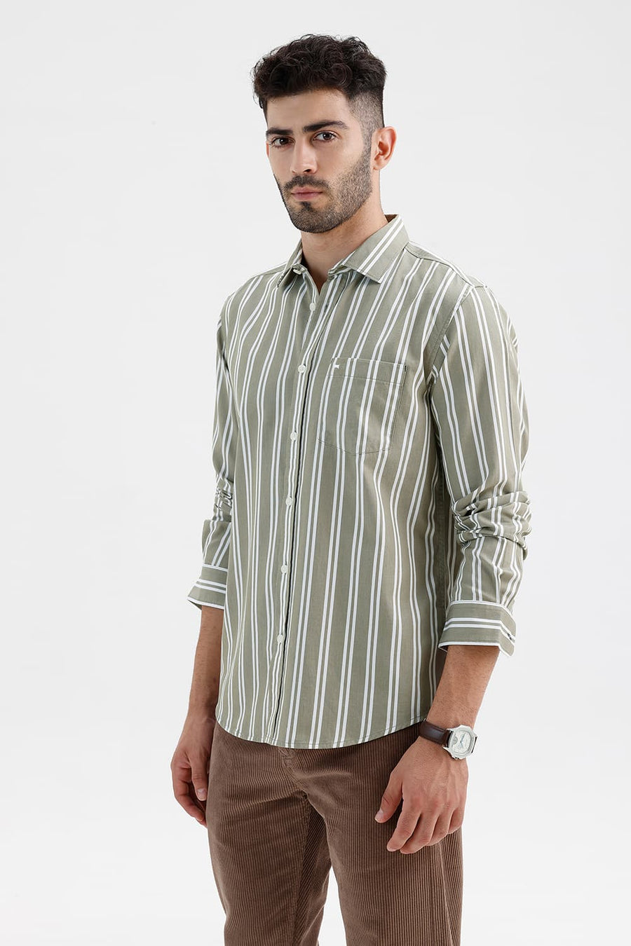 BASICS SLIM FIT OLIVE MERMAID COTTON TWILL STRIPE SHIRT