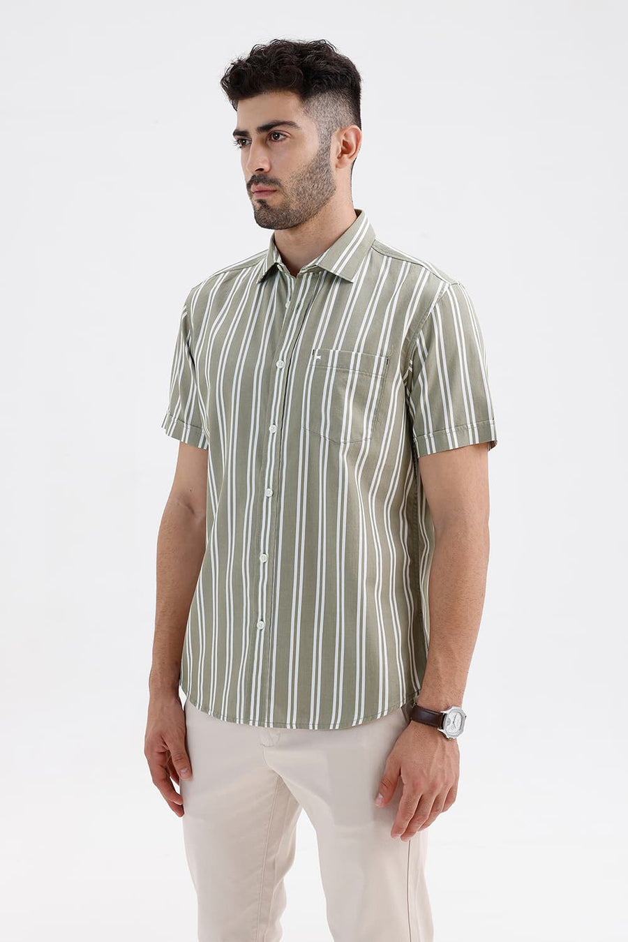 BASICS SLIM FIT OLIVE MERMAID COTTON TWILL STRIPE HALFSLEEVES SHIRT