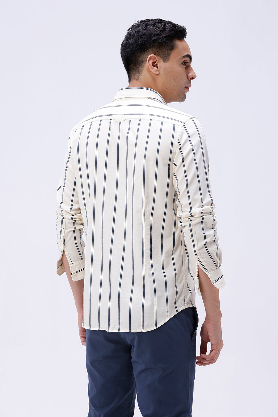 BASICS SLIM FIT LEMON YELLOW COTTON TWILL STRIPE SHIRT